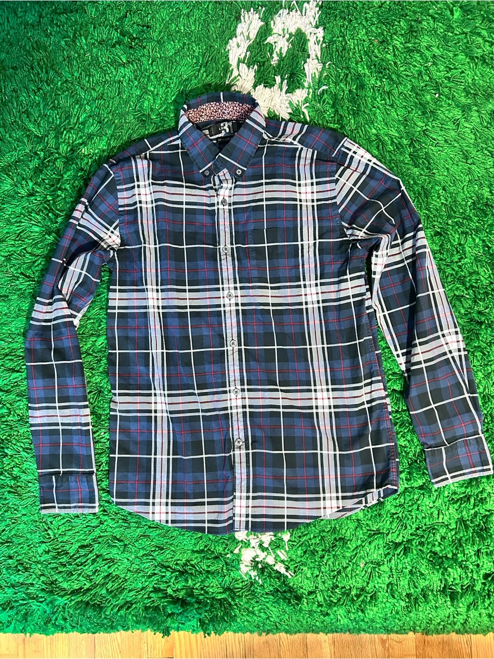 Simons Navy Plaid Button-Down Shirt with White and Red Stripes